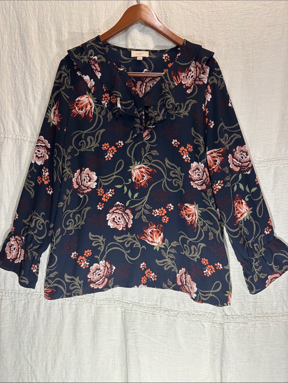 LOFT Navy Floral Ruffle V-Neck Blouse with Pink & Rust Blooms